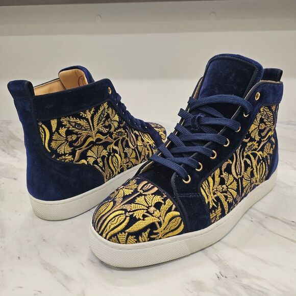 Christian Louboutin Blue and Gold High-Top Sneakers - Picture 1 of 9